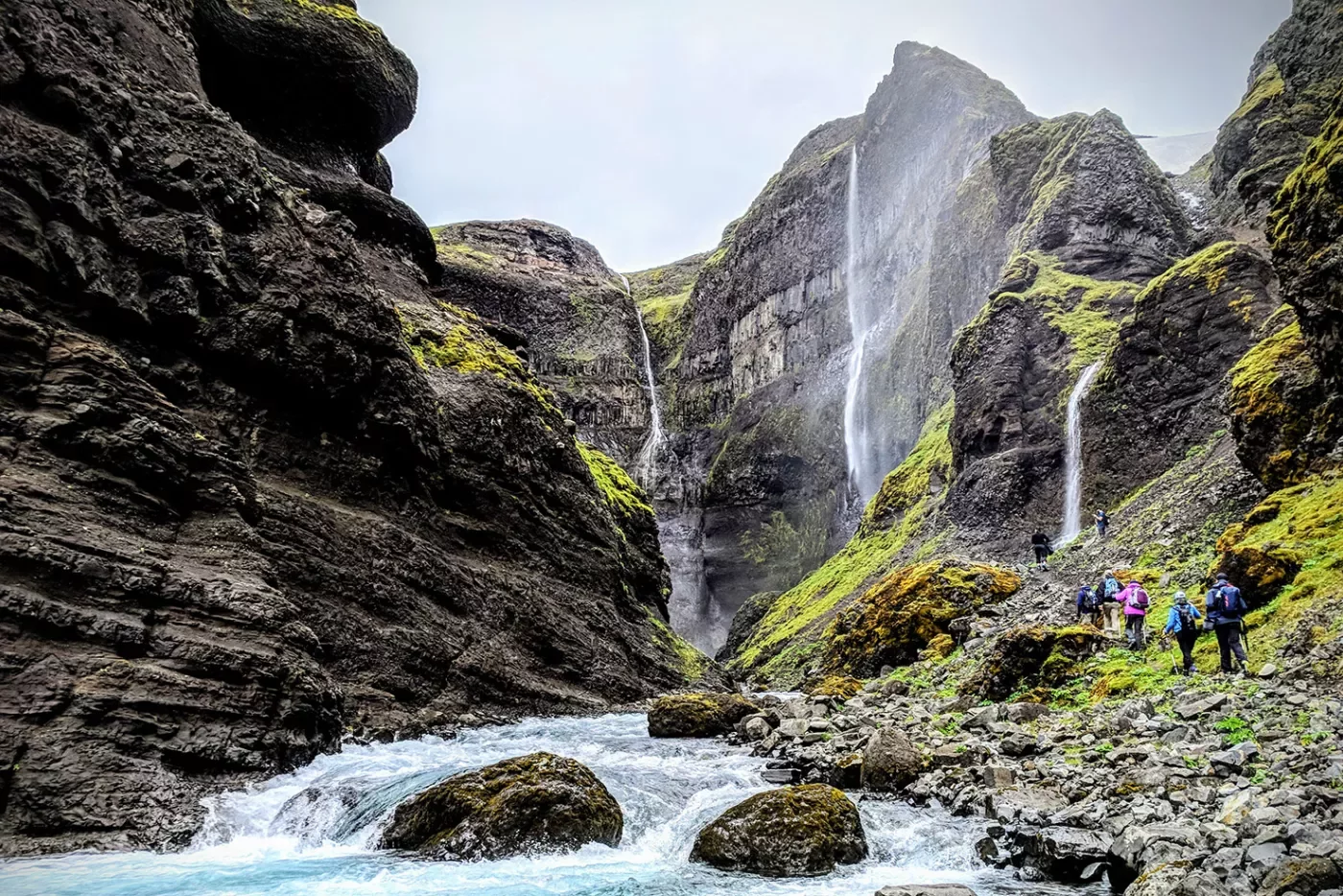 Multiple Waterfalls Hiking Along River Iceland
