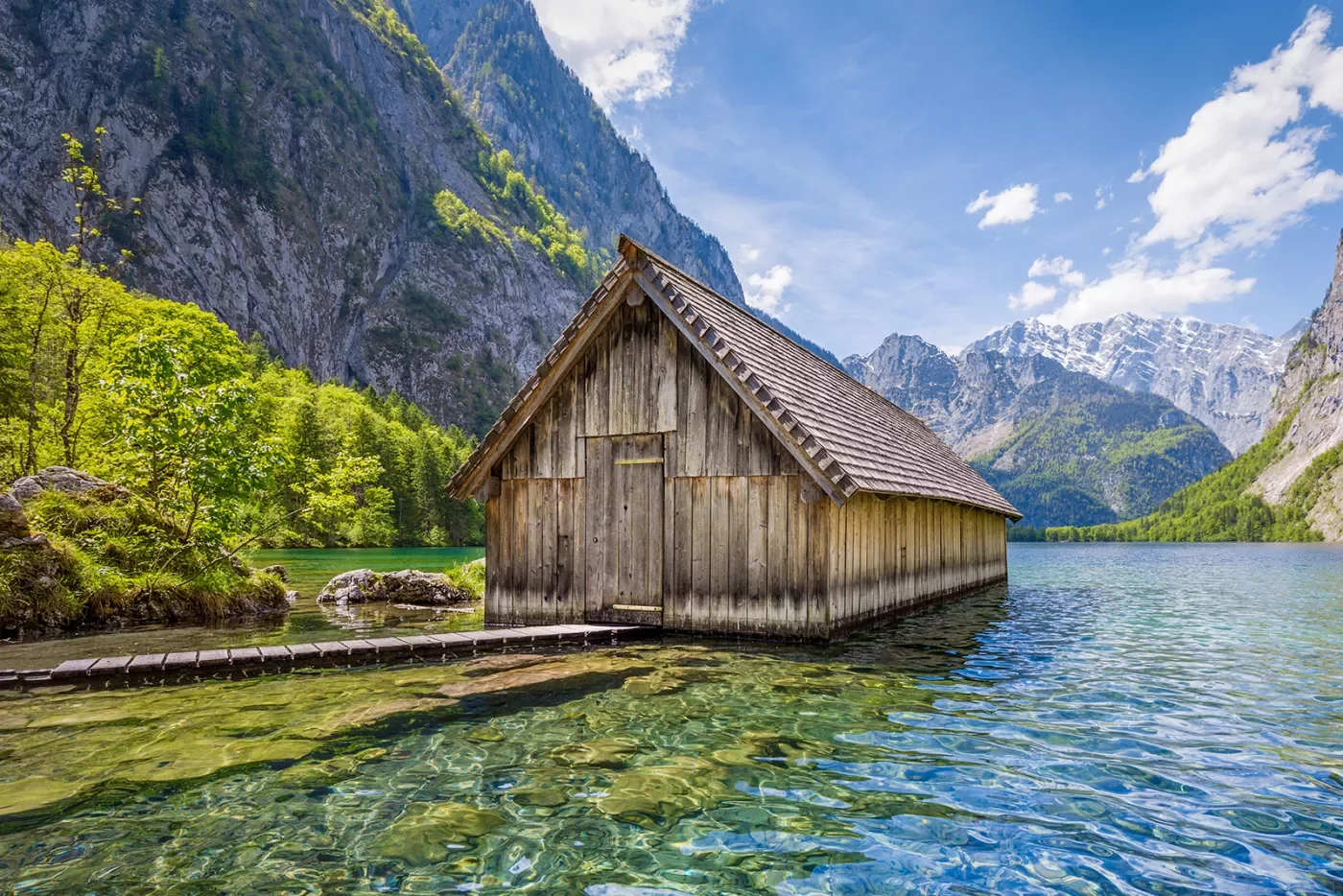 A wood house in a lake