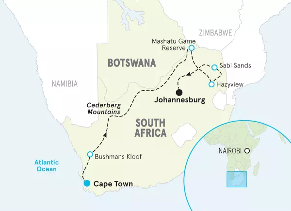 South Africa &amp; Botswana Active Safari map