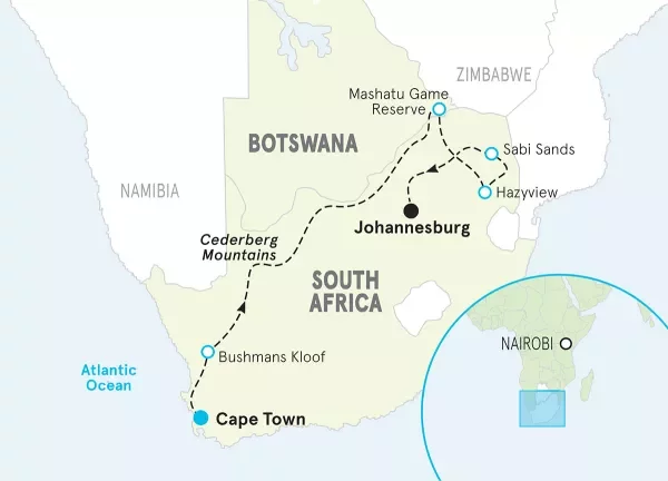 South Africa &amp; Botswana Family Active Safari map