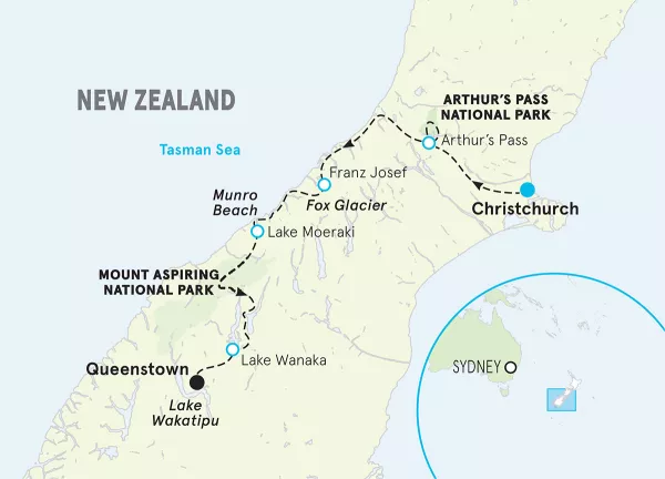 New Zealand South Island Walking &amp; Hiking Tour map
