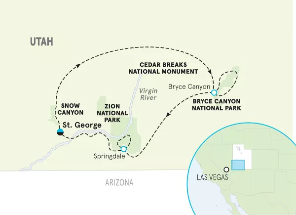 Utah Bryce &amp; Zion Bike Tour map