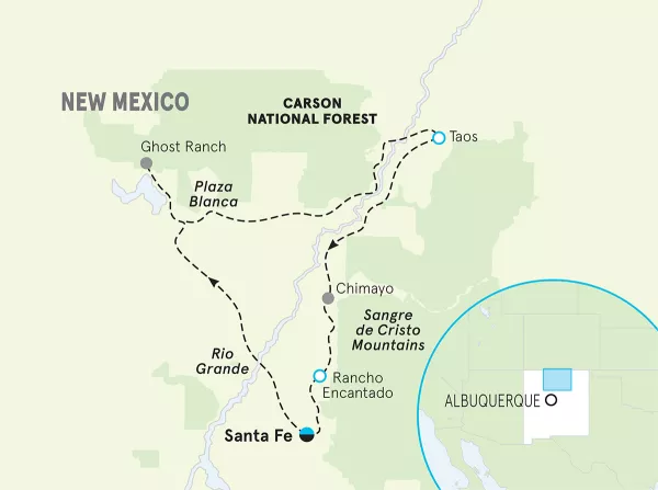 New Mexico Santa Fe &amp; Taos Walking &amp; Hiking Tour map