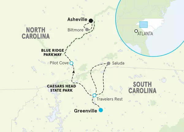 North Carolina and South Carolina Bike Tour map