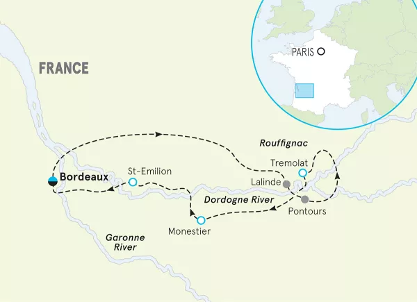 France Bordeaux &amp; Dordogne Bike Tour map