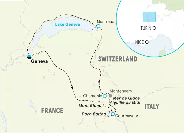 French, Italian &amp; Swiss Alps Family Multi-Adventure Tour map