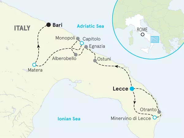 Italy Puglia Salento to Matera Easygoing E-bike Tour map