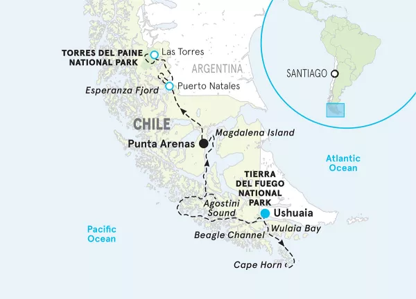 Chile Patagonia &amp; Fjords Cruise Walking &amp; Hiking Tour map