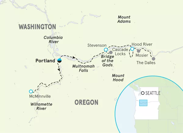Oregon Columbia River Gorge &amp; Willamette Valley Bike Tour map