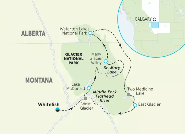 Glacier &amp; Waterton Lakes Bike Tour map