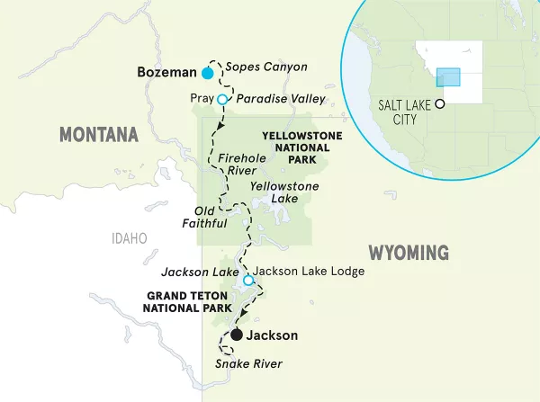 Wyoming Yellowstone &amp; Tetons &amp; Montana Paradise Valley Bike Tour map
