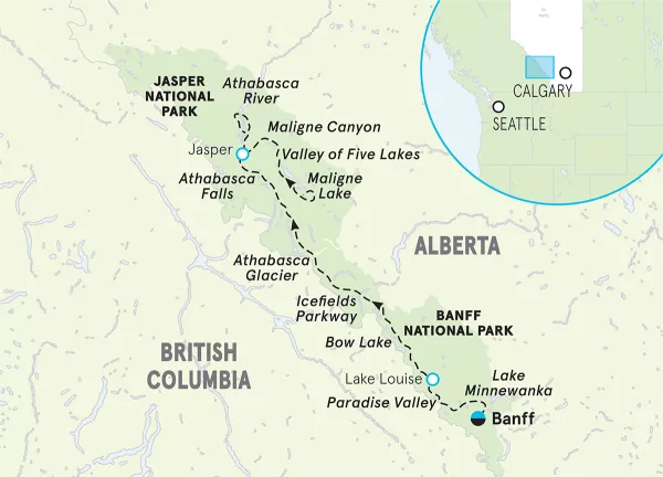 Banff to Jasper Family Multi-Adventure Tour map