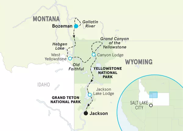 Wyoming Yellowstone &amp; Tetons &amp; Montana Big Sky Multi-Adventure Tour map
