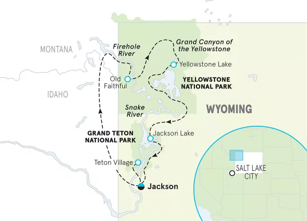 Wyoming Yellowstone &amp; Tetons Walking &amp; Hiking Tour map