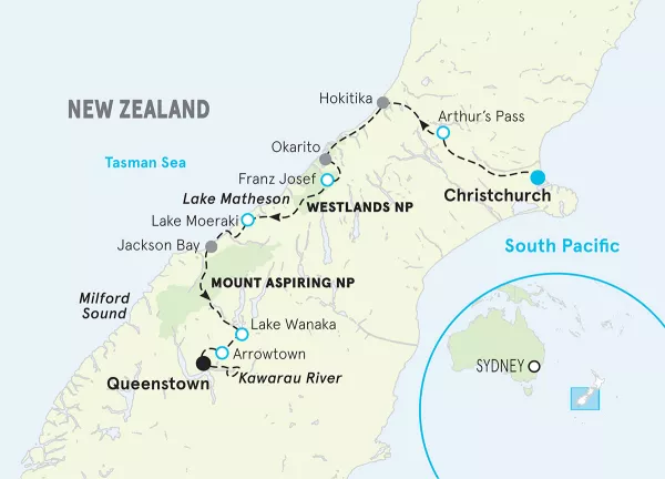 New Zealand South Island Multi-Adventure Tour map