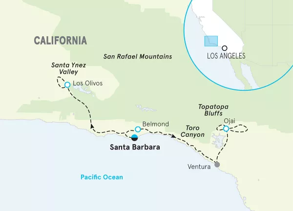 California Santa Barbara to Ojai Family Bike Tour map