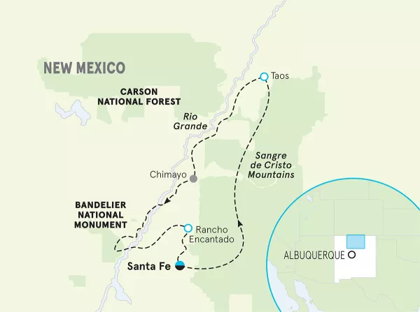 New Mexico Santa Fe &amp; Taos Walking &amp; Hiking Tour map