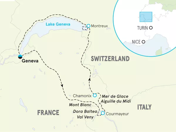 French, Italian and Swiss Alps Multi-Adventure Tour map