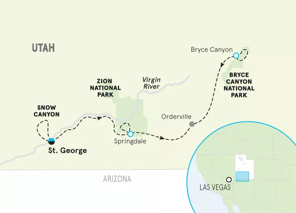 Utah Bryce &amp; Zion Walking and Hiking Tour map