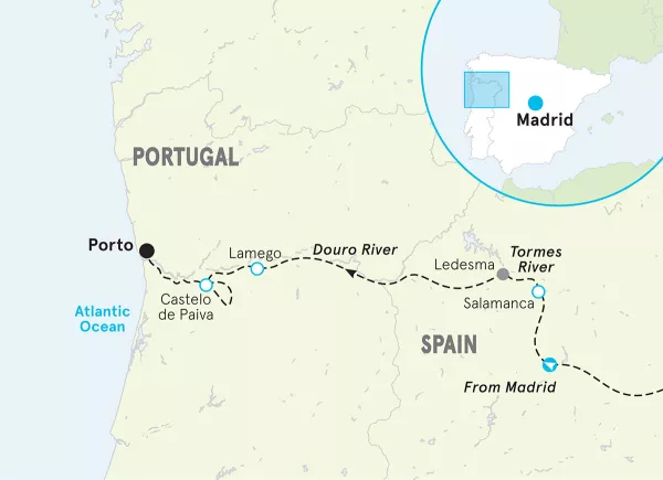 Madrid to the Douro River and Porto Bike Tour map