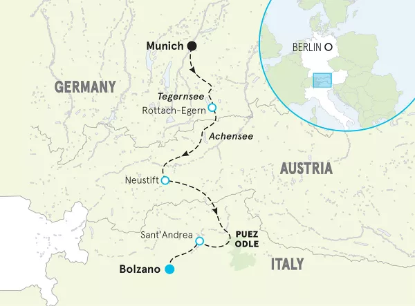 Bavaria, Tyrolean Alps and Dolomites Multi-Adventure Tour map