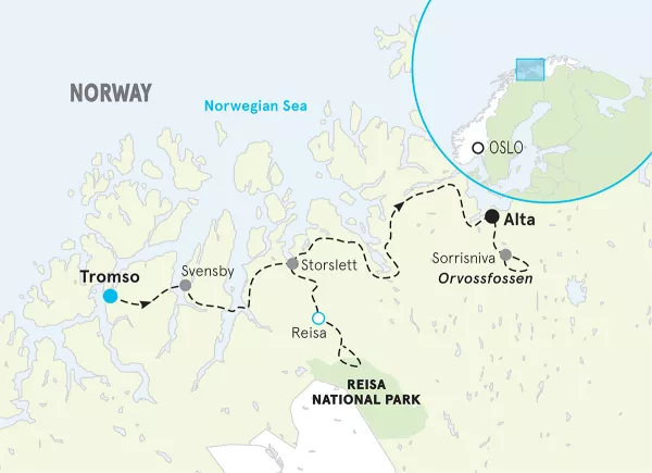 Norway Tromso to Alta Winter Multi-Adventure Tour map