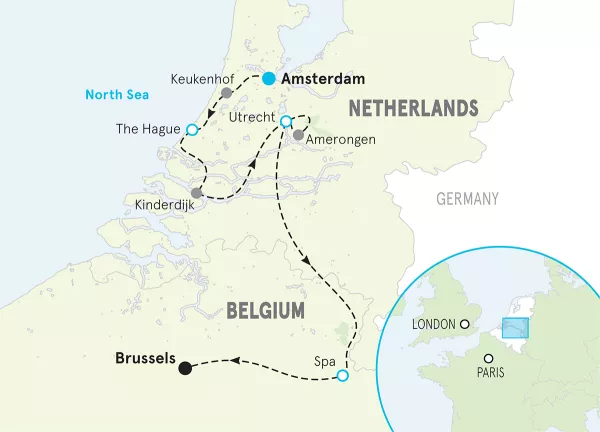 Netherlands &amp; Belgium Walking &amp; Hiking Tour map
