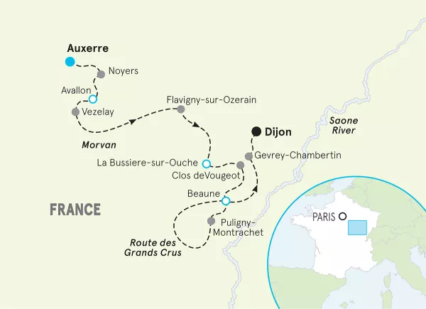 France Burgundy Bike Tour map