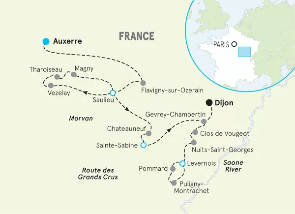 France Burgundy Bike Tour map
