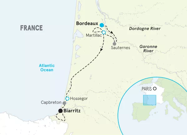 France Bordeaux to Biarritz Multi-Adventure Tour map