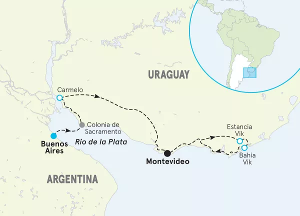 Uruguay's Wine Country to the Ocean Easygoing Bike Tour map