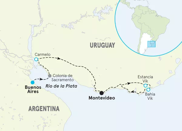 Uruguay's Wine Country to the Ocean Bike Tour map