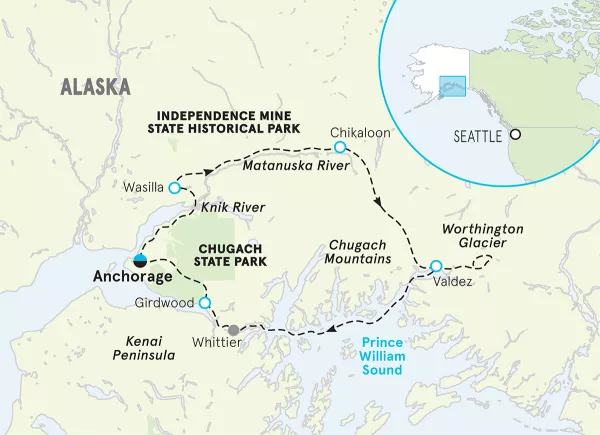 Alaska Glaciers &amp; Fjords Multi-Adventure Tour map