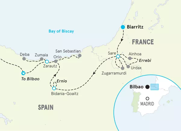 French Pyrenees to Basque Country Walking and Hiking Tour map