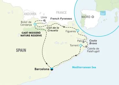 Spain Pyrenees to Costa Brava Bike Tour map