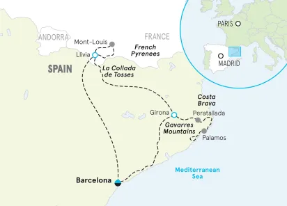 Spain Pyrenees to Costa Brava Bike Tour map