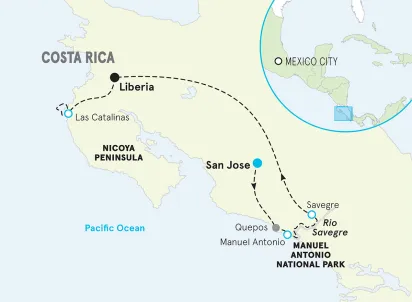 Costa Rica Beaches & Wildlife Family Multi-Adventure Tour map