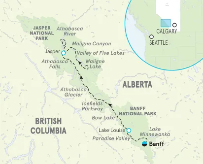 Canada Banff to Jasper Multi-Adventure Tour map