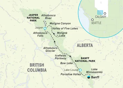 Banff to Jasper Family Multi-Adventure Tour map