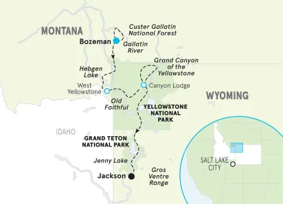 Wyoming Yellowstone & Tetons & Montana Big Sky Family Multi-Adventure Tour map