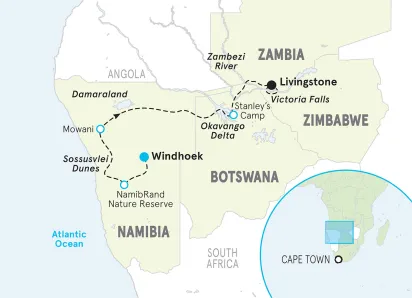 Namibia, Botswana and Zambia Active Safari Tour map
