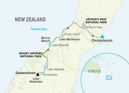 New Zealand South Island Walking & Hiking Tour map