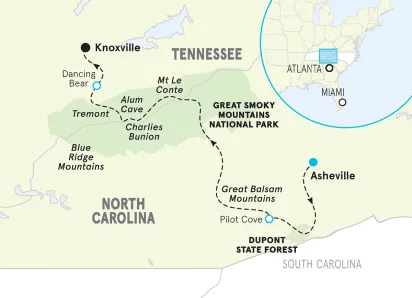 North Carolina Blue Ridge & Tennessee's Great Smoky Mountains Walking & Hiking Tour map