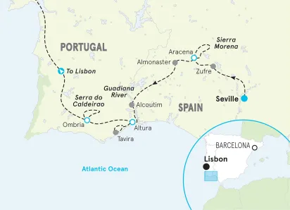 Spain Andalucia to Portugal Algarve Bike Tour map