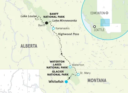 Glacier, Waterton and Banff Multi-Adventure Tour map