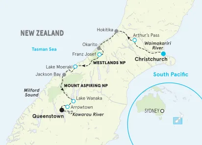 New Zealand South Island Family Multi-Adventure Tour map