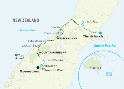 New Zealand South Island Multi-Adventure Tour map