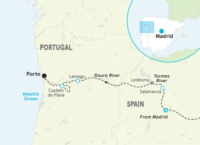 Madrid to the Douro River and Porto Bike Tour map