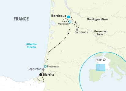 France Bordeaux to Biarritz Family Multi-Adventure Tour map