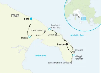 Italy Puglia to Basilicata 30s-40s Bike Tour map